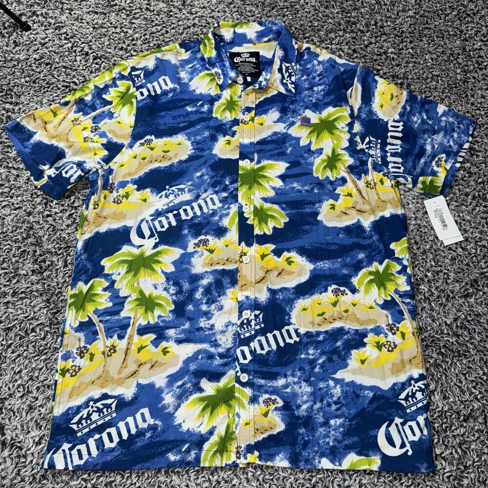 Corona Shirt Mens XL Blue Hawaiian Button Up Tropical Palm Island Beach Logo